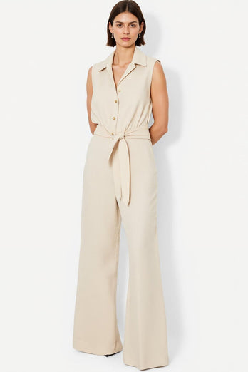 Ivory Collar Neck Shirt Buttons Satin Work Jumpsuits with Sash