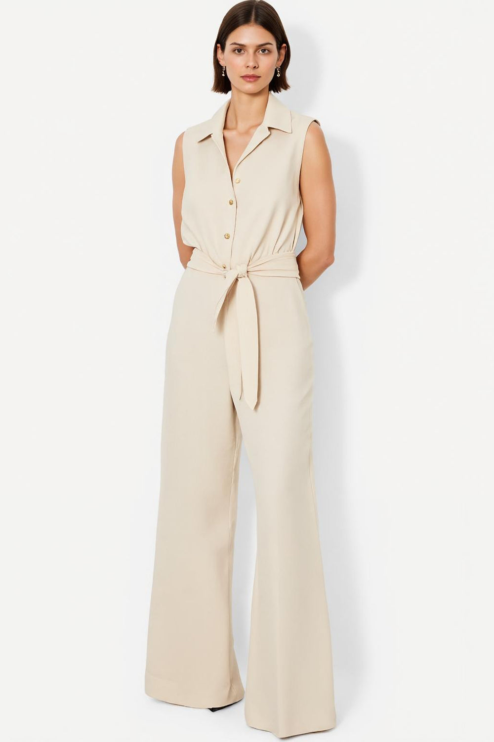 Ivory Collar Neck Shirt Buttons Satin Work Jumpsuits with Sash