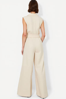 Ivory Collar Neck Shirt Buttons Satin Work Jumpsuits with Sash