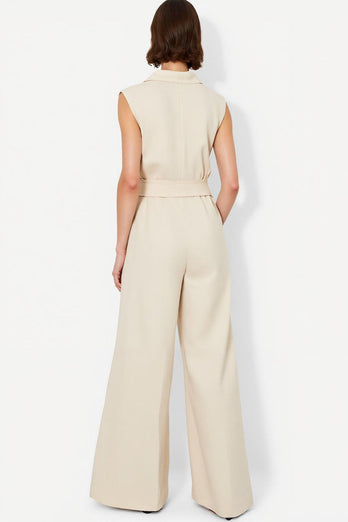 Ivory Collar Neck Shirt Buttons Satin Work Jumpsuits with Sash