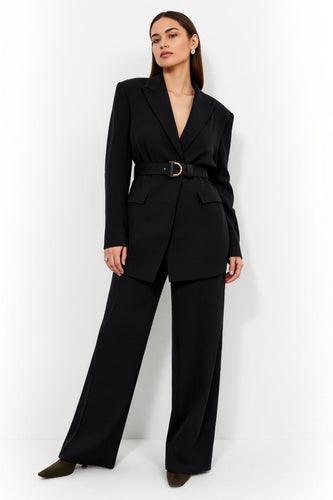 Black Peak Lapel 2 Piece Long Sleeves Satin Business Suits with Belt