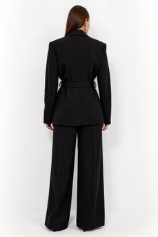 Black Peak Lapel 2 Piece Long Sleeves Satin Business Suits with Belt