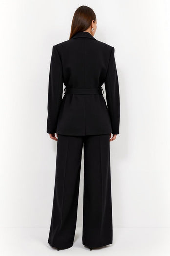 Black Peak Lapel 2 Piece Long Sleeves Satin Business Suits with Belt