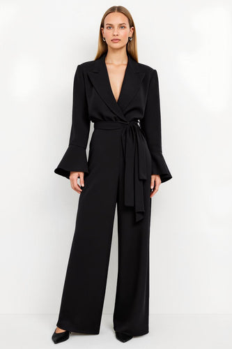 Black Flare Sleeves Peak Lapel Satin Work Jumpsuits with Sash