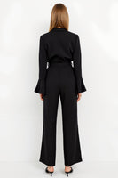 Load image into Gallery viewer, Black Flare Sleeves Peak Lapel Satin Work Jumpsuits with Sash