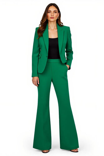 Dark Green 2 Piece Peak Lapel Satin Flare Leg Prom Suits with Pockets