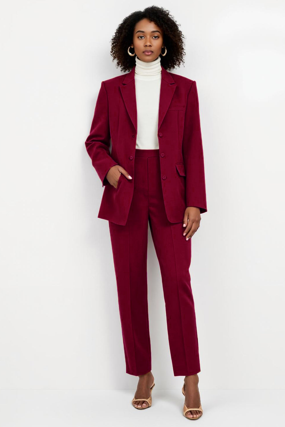 Burgundy Peak Lapel Single Breasted 2 Piece Business Suits with Pockets