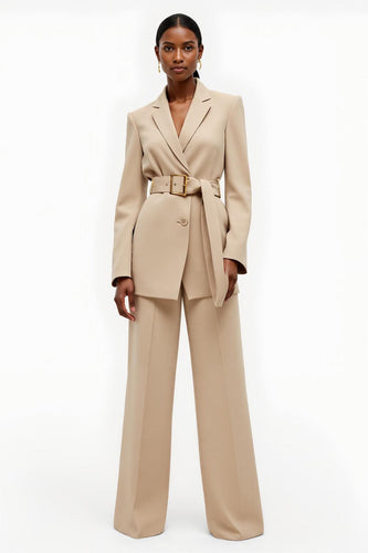 Apricot Notched Lapel 2 Piece Satin Wide Leg Business Suits with Belt