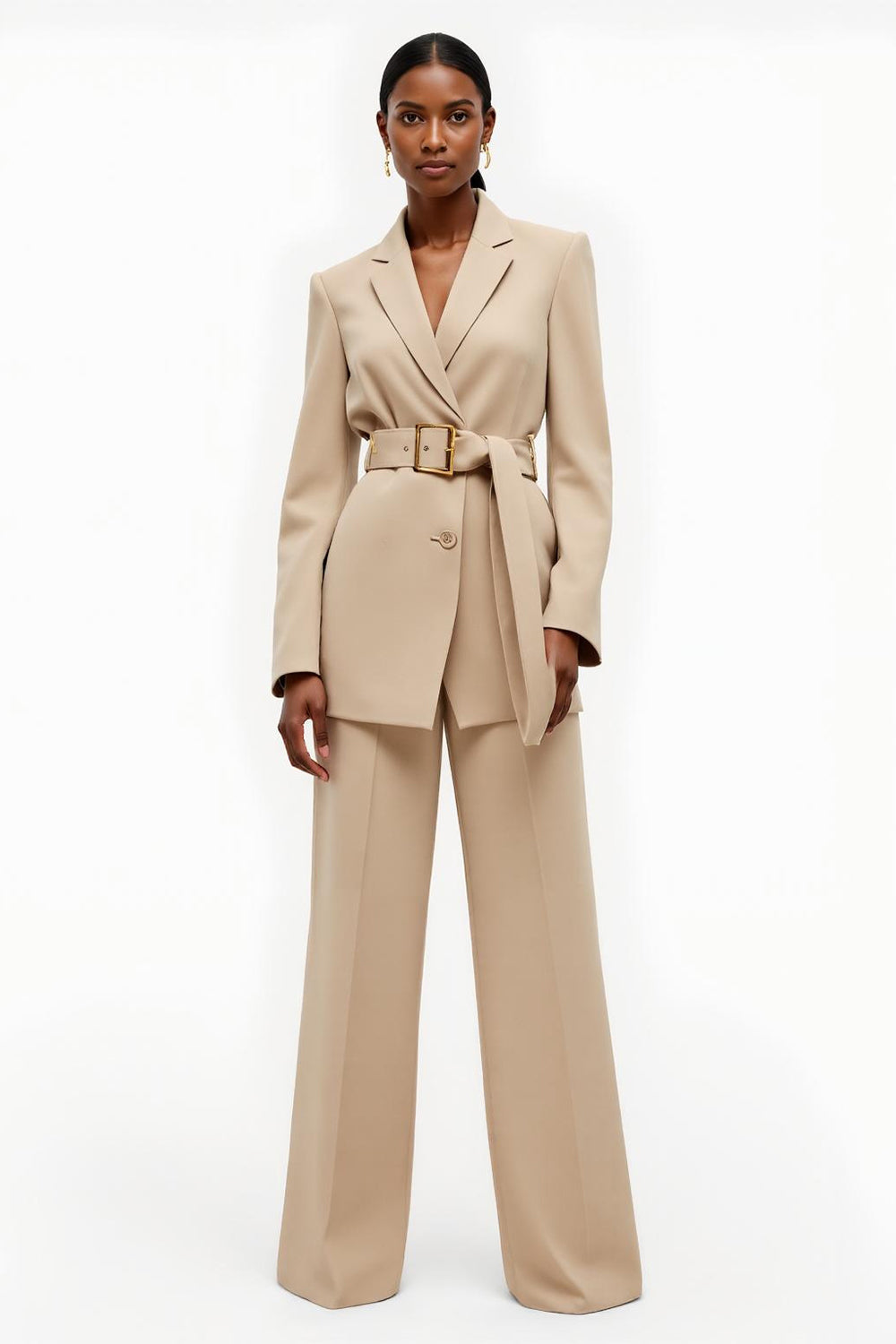 Apricot Notched Lapel 2 Piece Satin Wide Leg Business Suits with Belt