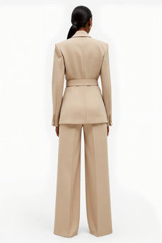 Apricot Notched Lapel 2 Piece Satin Wide Leg Business Suits with Belt