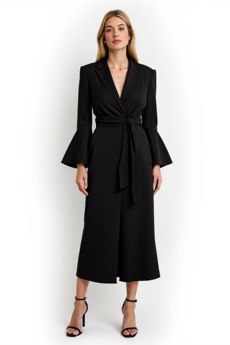Black Flare Sleeves Notched Lapel Pencil Long Blazer Dress with Sash