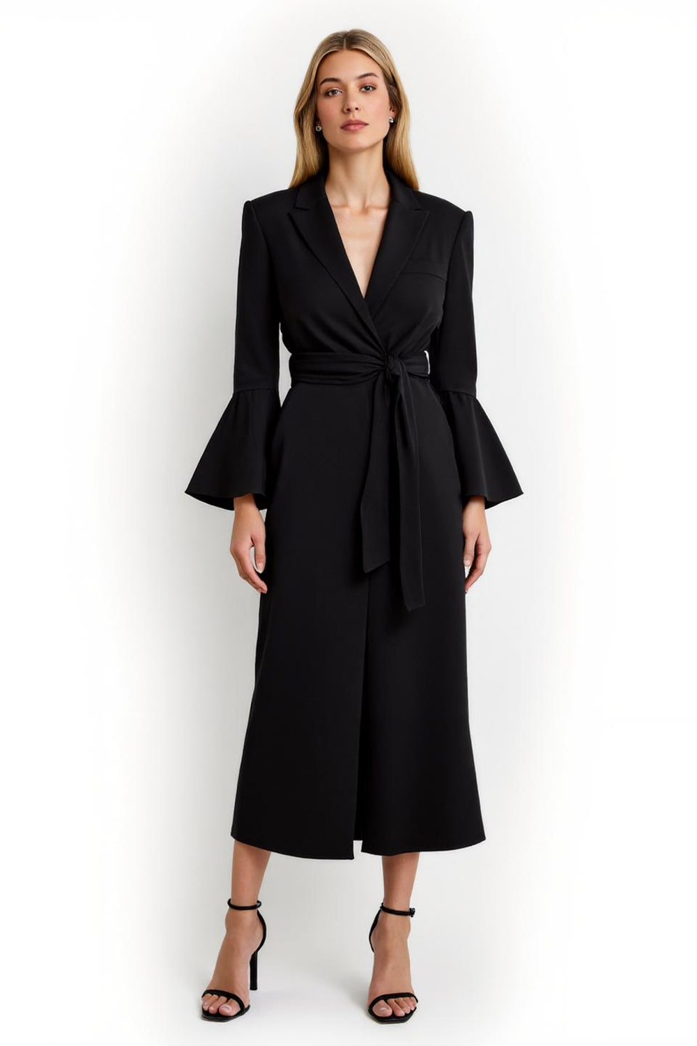 Black Flare Sleeves Notched Lapel Pencil Long Blazer Dress with Sash