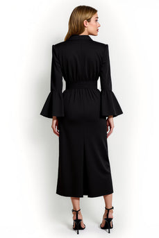 Black Flare Sleeves Notched Lapel Pencil Long Blazer Dress with Sash