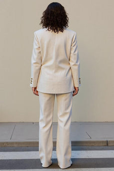 Ivory Striped Peak Lapel 2 Piece Satin Business Suits with Pockets