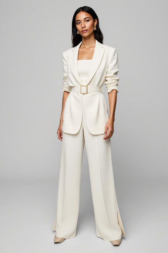 Ivory Peak Lapel 2 Piece Wide Leg Business Suits with Belt