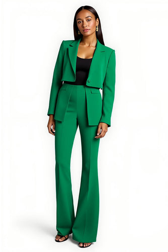 Dark Green Flare Leg Notched Lapel 2 Piece Business Suits