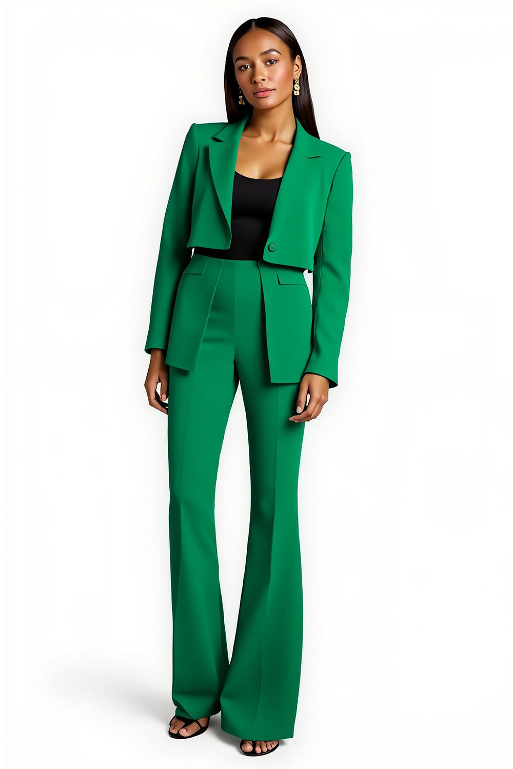 Dark Green Flare Leg Notched Lapel 2 Piece Business Suits