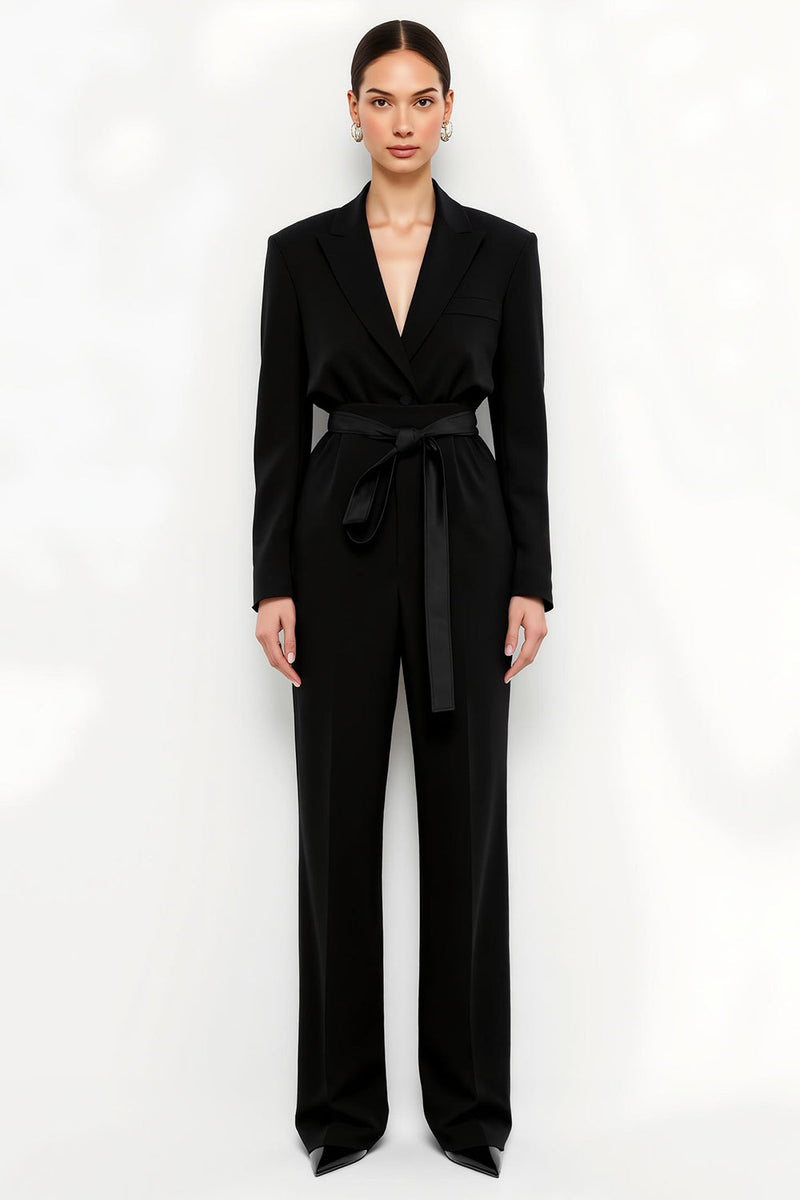 Load image into Gallery viewer, Black Long Sleeves Peak Lapel Satin Work Jumpsuits with Sash