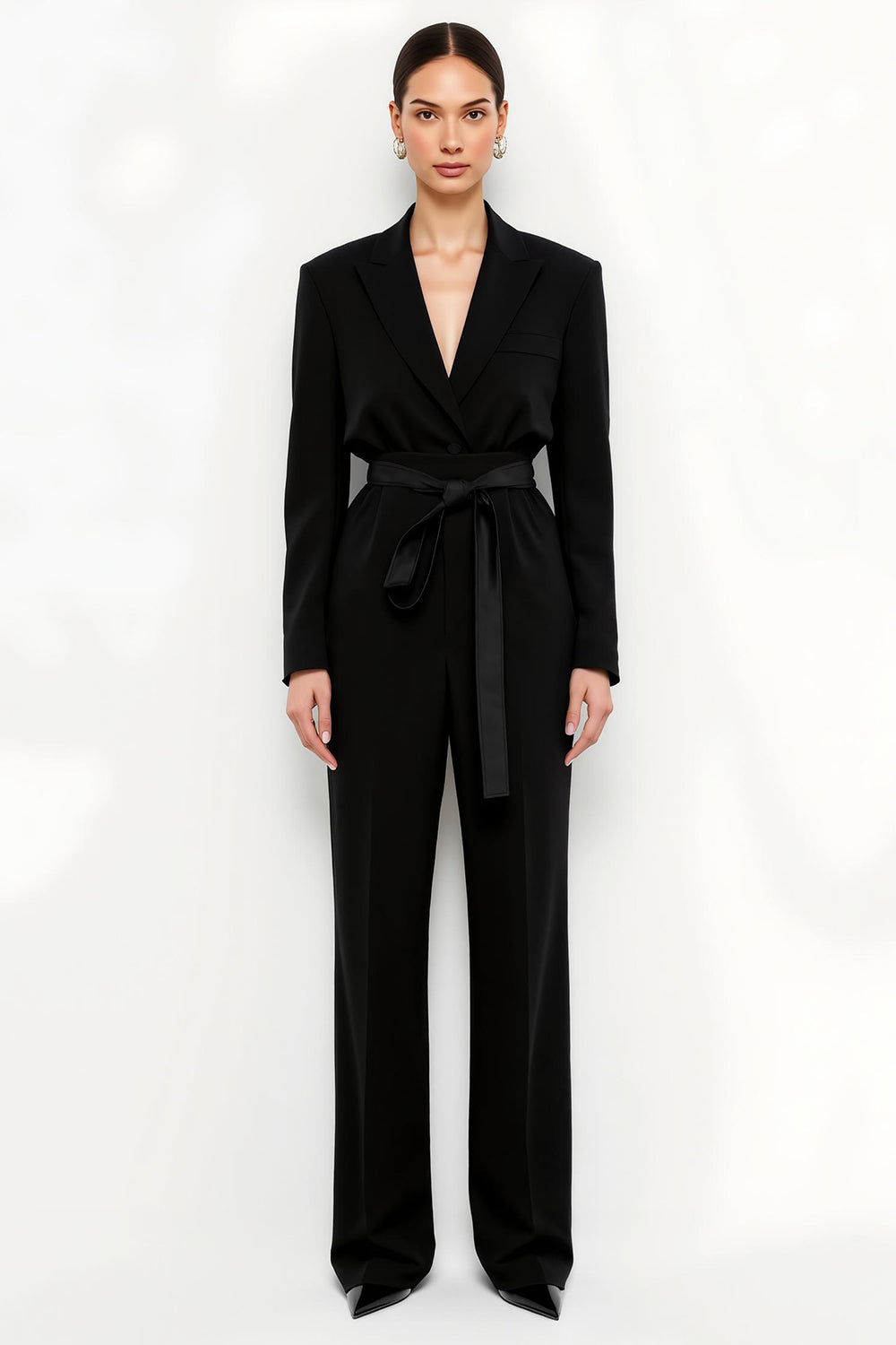 Black Long Sleeves Peak Lapel Satin Work Jumpsuits with Sash