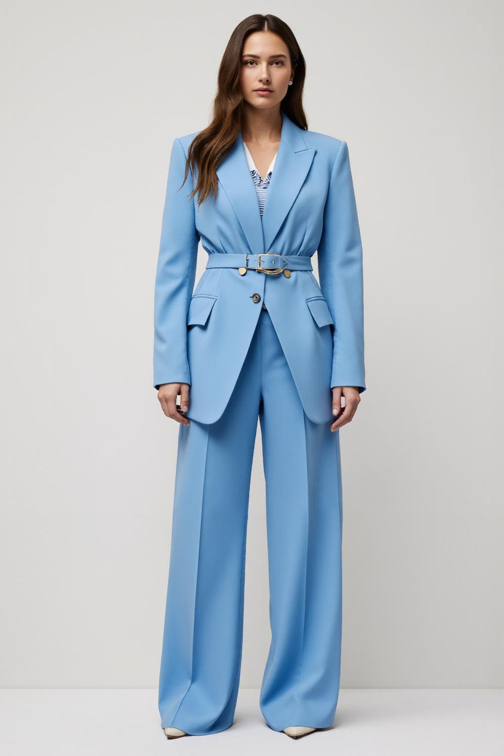 Blue Peak Lapel 2 Piece Wide Leg Satin Business Suits with Belt