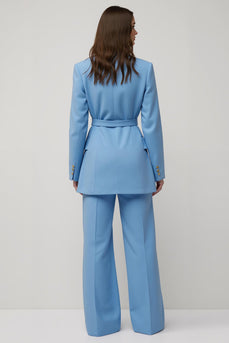 Blue Peak Lapel 2 Piece Wide Leg Satin Business Suits with Belt