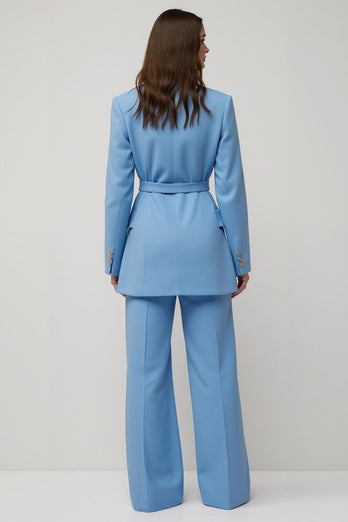 Blue Peak Lapel 2 Piece Wide Leg Satin Business Suits with Belt