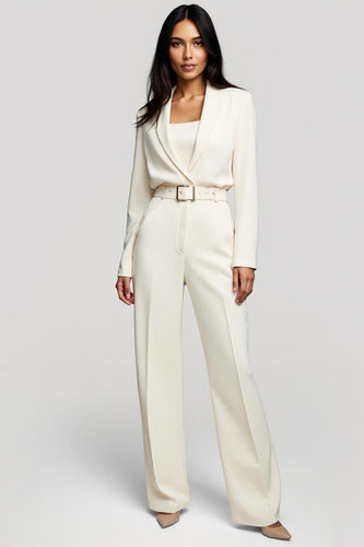 Ivory Shawl Lapel Long Sleeves One Piece Work Jumpsuits with Belt
