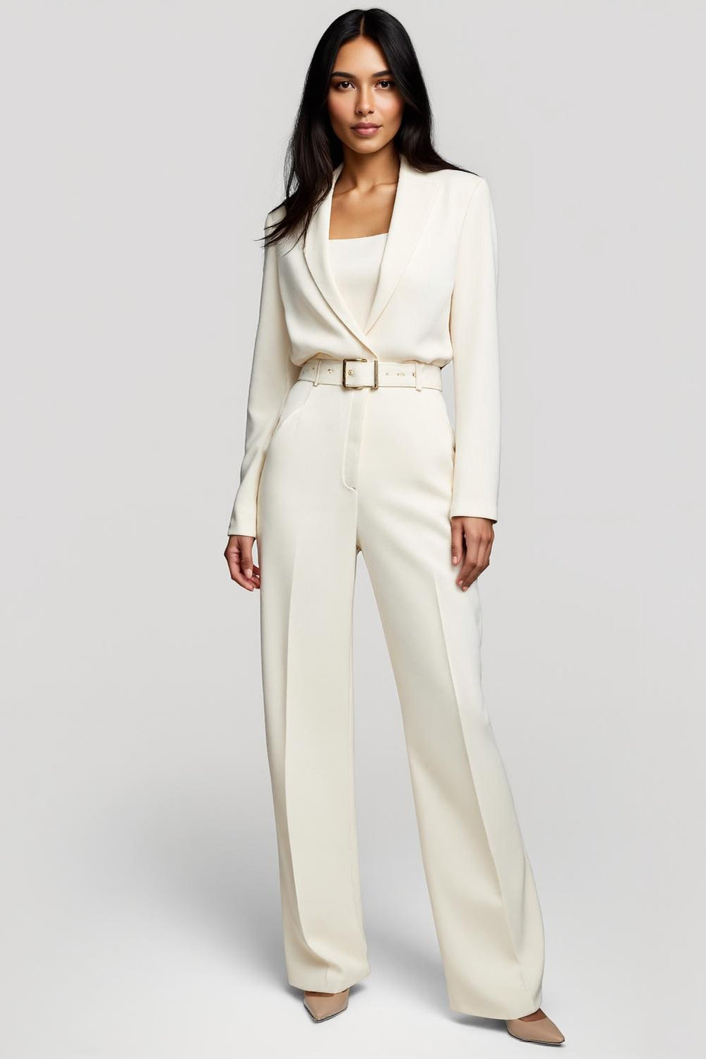 Ivory Shawl Lapel Long Sleeves One Piece Work Jumpsuits with Belt