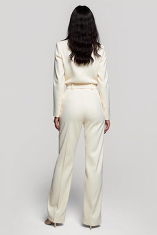Ivory Shawl Lapel Long Sleeves One Piece Work Jumpsuits with Belt