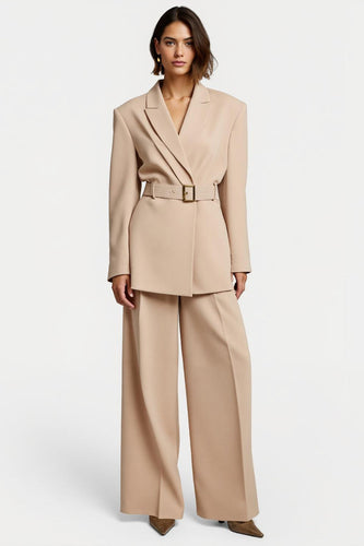 Apricot Peak Lapel Wide Leg 2 Piece Business Suits with Belt