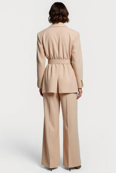 Apricot Peak Lapel Wide Leg 2 Piece Business Suits with Belt
