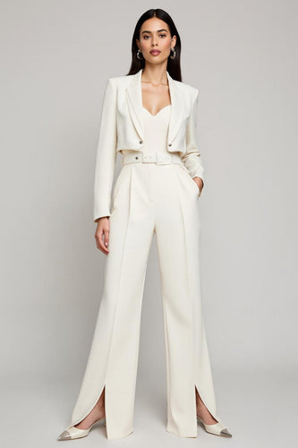 Ivory Peak Lapel Satin 2 Piece Long Sleeves Business Suits with Belt