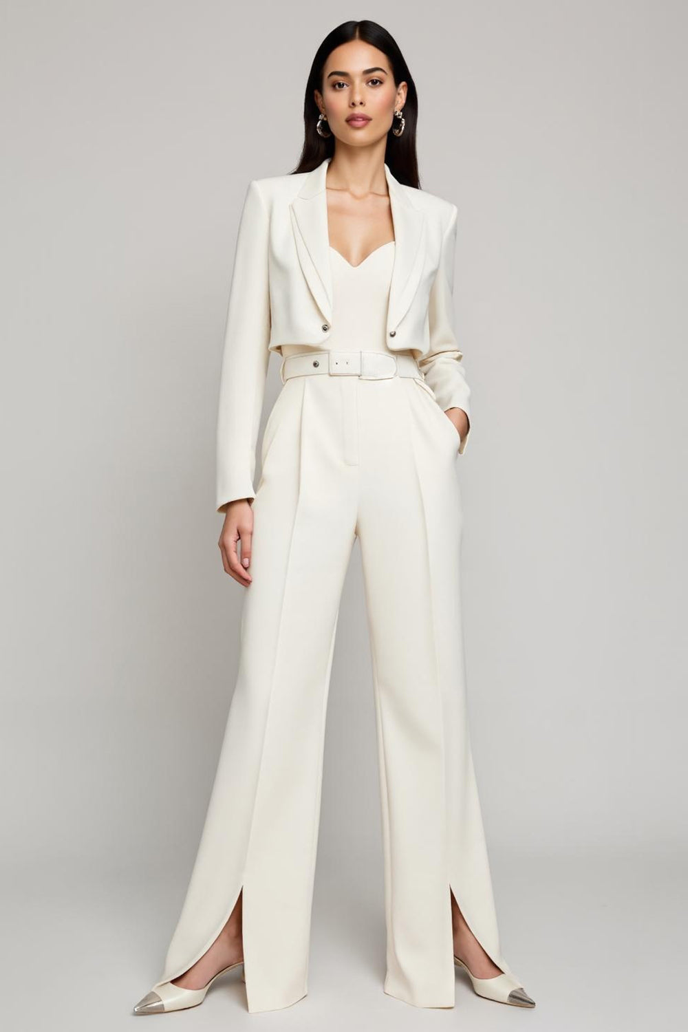 Ivory Peak Lapel Satin 2 Piece Long Sleeves Business Suits with Belt
