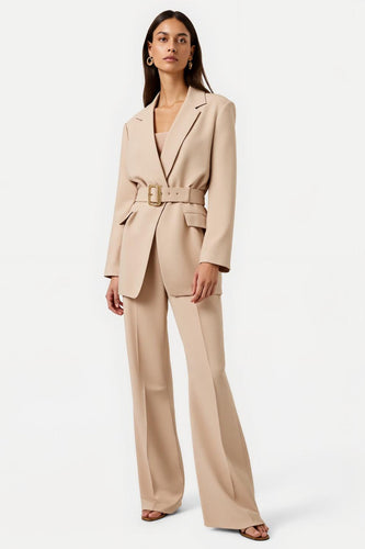 Notched Lapel 2 Piece Apricot Long Sleeves Business Suits with Belt
