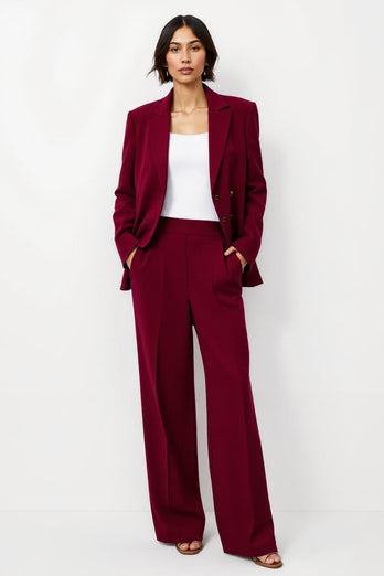 Burgundy Notched Lapel Satin 2 Piece Business Suits with Pockets