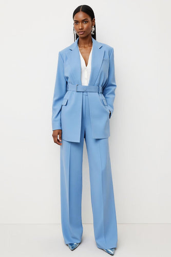 Blue Notched Lapel 2 Piece Satin Business Suits with Pockets