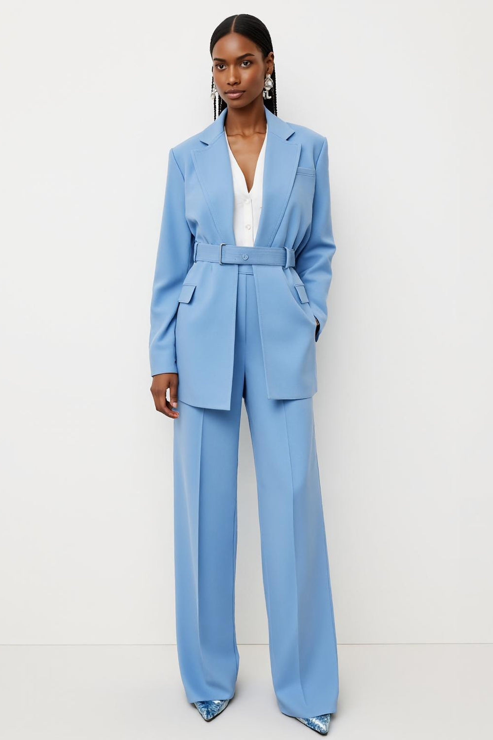 Blue Notched Lapel 2 Piece Satin Business Suits with Pockets