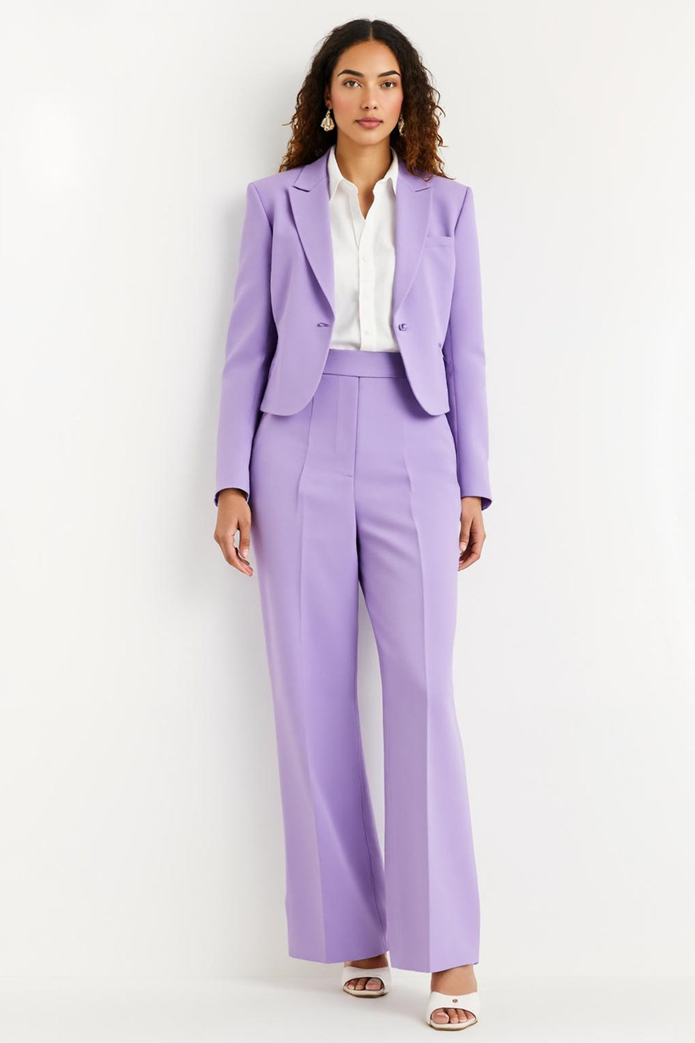 Purple 2 Piece Peak Lapel Satin Flare Leg Business Suits