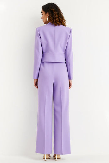 Purple 2 Piece Peak Lapel Satin Flare Leg Business Suits