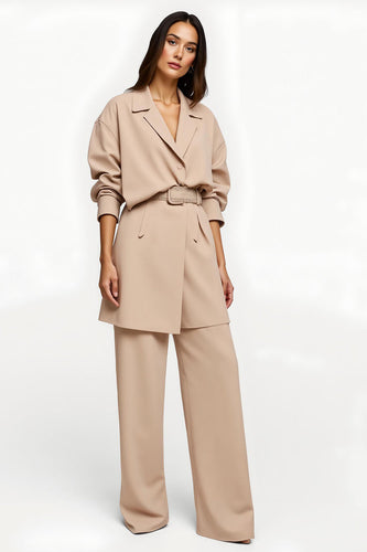 Apricot Wide Leg Notched Lapel 2 Piece Business Suits with Belt