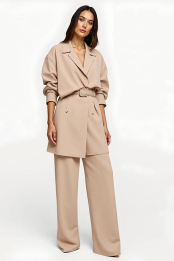 Apricot Wide Leg Notched Lapel 2 Piece Business Suits with Belt