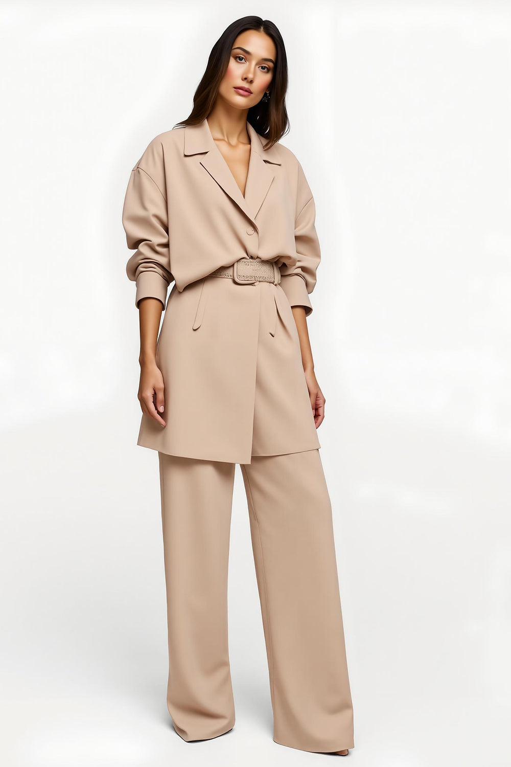 Apricot Wide Leg Notched Lapel 2 Piece Business Suits with Belt