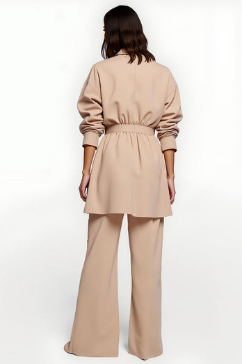 Apricot Wide Leg Notched Lapel 2 Piece Business Suits with Belt