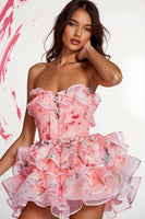 Load image into Gallery viewer, Floral Pink Tiered Strapless Ruched Short Homecoming Dress with Ruffles