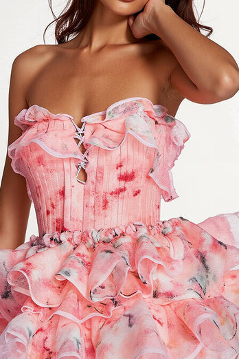 Floral Pink Tiered Strapless Ruched Short Homecoming Dress with Ruffles