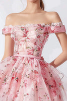 Load image into Gallery viewer, Pink Floral Off the Shoulder Tiered Short Homecoming Dress with Ruffles