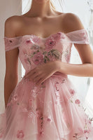 Load image into Gallery viewer, Pink Floral Off the Shoulder Short Homecoming Dress with Ruffles
