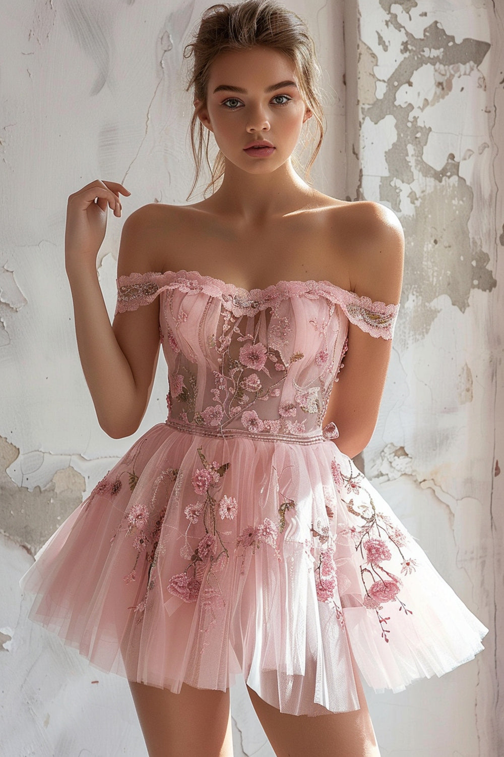 Pink Floral Tulle Ruched Short Homecoming Dress with Ruffles