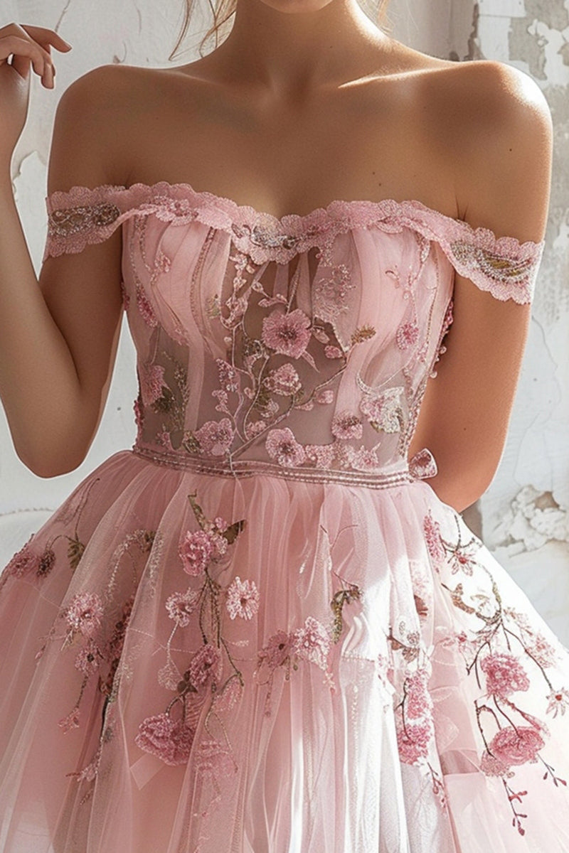 Load image into Gallery viewer, Pink Floral Tulle Ruched Short Homecoming Dress with Ruffles