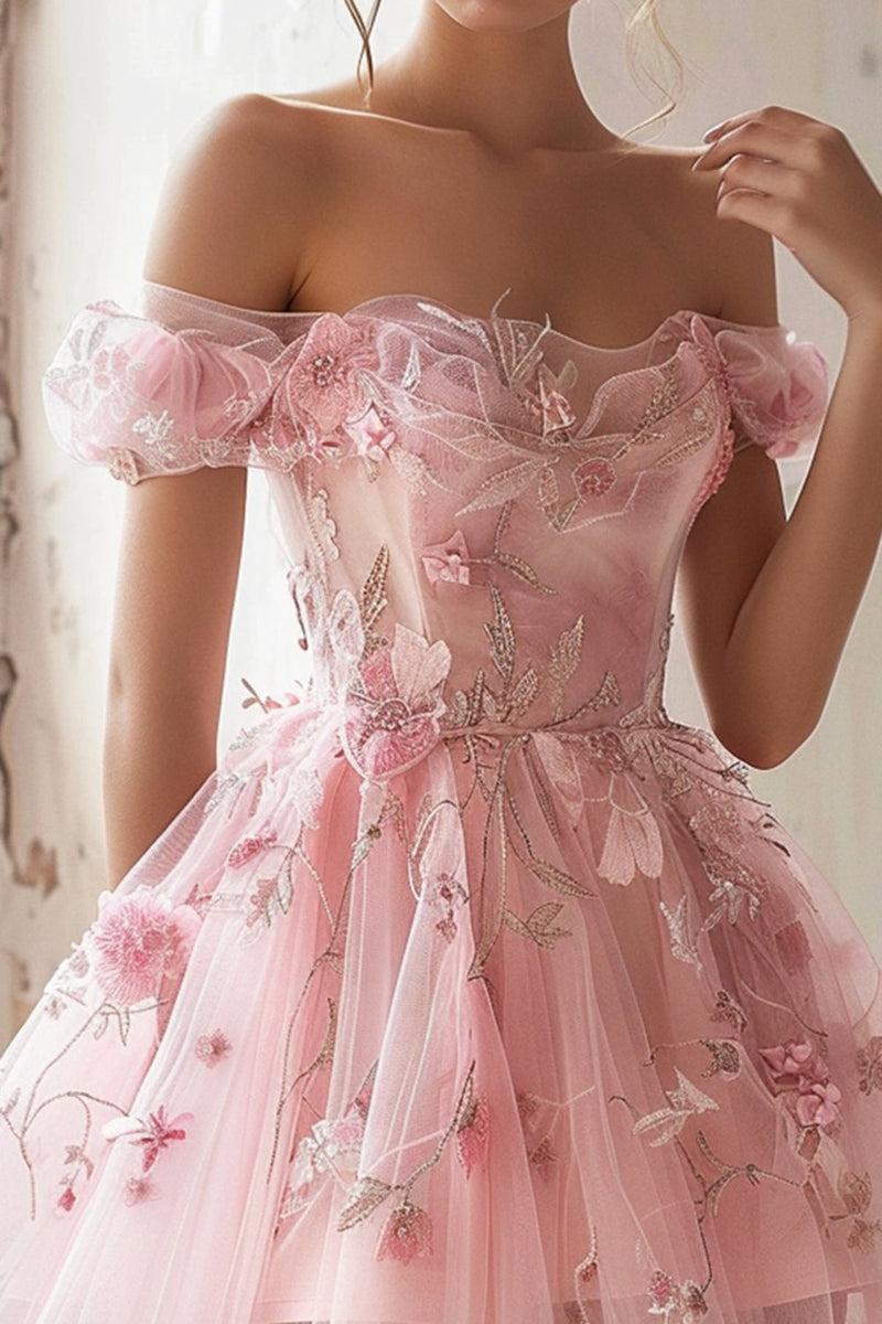 Load image into Gallery viewer, Pink Floral Off the Shoulder Ruffled Tulle Short Homecoming Dress
